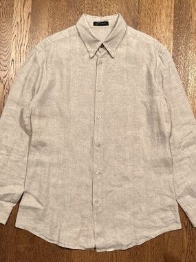Versace Mainline Gold Button Linen Beige Slim L/S Button Shirt Mens 40